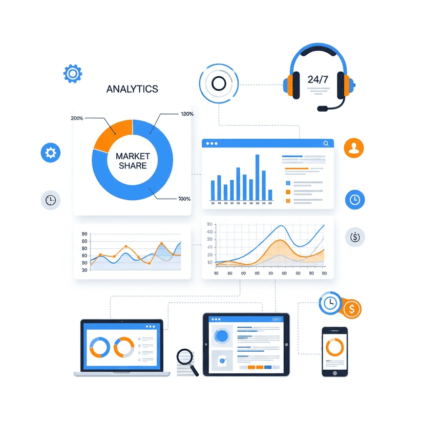 分析ダッシュボードとサポートのイラスト